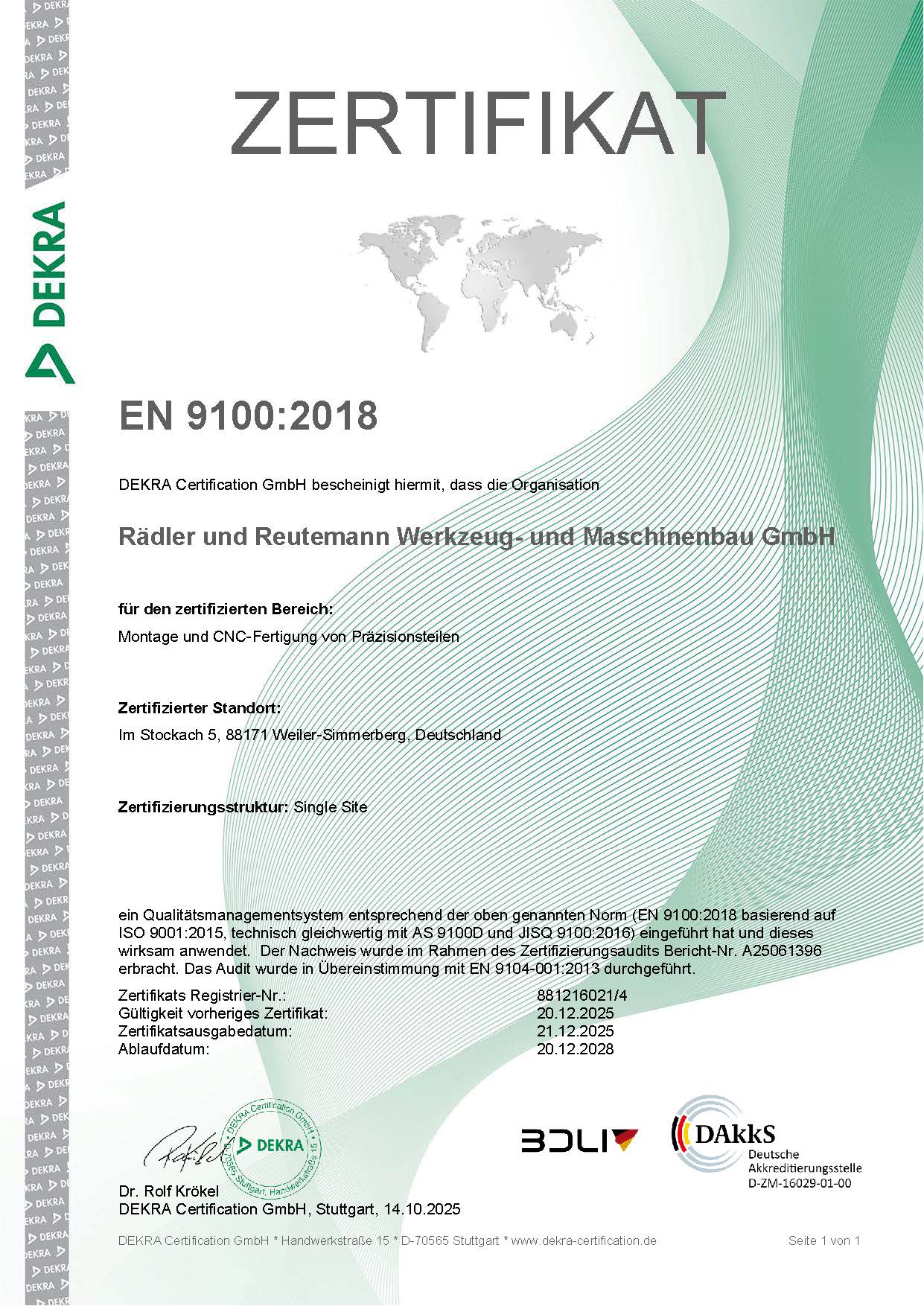 Zertifikat EN 9100 Rädler und Reutemann