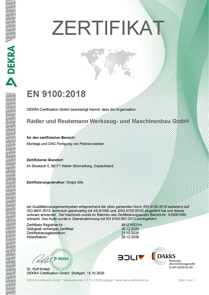 Zertifikat EN 9100 Rädler und Reutemann